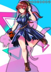 Rule 34 | alice gear aegis, book, boots, buttons, dated, dress, fujino yayoi, full body, green eyes, headphones, highres, holding, holding book, open mouth, ponytail, puripuri, red hair, ribbon, signature, silhouette, solo, striped clothes, striped dress