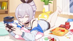 Rule 34 | 1girl, bare shoulders, barefoot, book, bookshelf, bronya zaychik, can, chips (food), closed eyes, closed mouth, cola, controller, curtains, drill hair, drink can, food, fruit, full body, grey hair, hair between eyes, hair ribbon, highres, holding, holding controller, homu (honkai impact), honkai (series), honkai impact 3rd, in mouth, indoors, jacket, long sleeves, lying, macaron, on stomach, pillow, plant, plate, playing games, pocky, ribbon, slippers, smile, soda can, solo, strawberry, sweets, third-party source, vase, white jacket, window