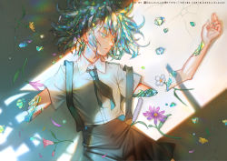 Rule 34 | 1other, amputee, androgynous, aqua nails, black shorts, blue hallelujah, bort, cattail, collared shirt, commentary request, crack, cracked floor, diamond (houseki no kuni), double amputee, dress shirt, eyelashes, flower, gem uniform (houseki no kuni), green hair, grey eyes, half-closed eyes, houseki no kuni, looking away, looking to the side, lying, multicolored hair, nail polish, necktie, on back, on ground, other focus, out of frame, pink flower, plant, purple flower, red flower, rubble, sad, severed limb, shadow, shirt, short hair, short sleeves, shorts, solo focus, suspender shorts, suspenders, upper body, watermark, web address, white shirt, yellow flower