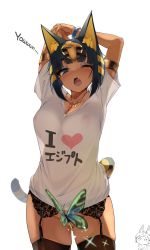 Rule 34 | 1girl, absurdres, animal crossing, animal ears, ankha (animal crossing), arms behind head, black eyes, black hair, blackletter, bob cut, bracelet, breasts, bug, butterfly, cat girl, chibi, chibi inset, cleavage, clothes writing, convenient censoring, covered erect nipples, dark-skinned female, dark skin, egyptian, fang, female focus, garter belt, garter straps, grey background, highres, humanization, insect, jewelry, jovejun, large breasts, necklace, nintendo, nipples, no panties, one eye closed, open mouth, personification, saliva, see-through, see-through silhouette, shirt, short hair, short sleeves, solo, stretching, striped, striped tail, t-shirt, tail, thighhighs, translated, white background, white shirt, yawning