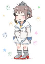 Rule 34 | 1girl, aged down, bad id, bad twitter id, blue sailor collar, blush, boots, bra, bra over clothes, brown hair, child, closed eyes, d:, dress, gomennasai, grey footwear, grey socks, high heel boots, high heels, jacket, kantai collection, long sleeves, messy hair, neckerchief, open mouth, panties, panties over clothes, parted lips, sailor collar, sailor dress, short hair, sleeves past wrists, socks, solo, speaking tube headset, standing, underwear, white bra, white jacket, white panties, white sailor collar, yellow neckerchief, yukikaze (kancolle)