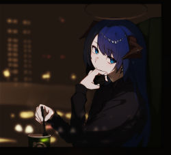 Rule 34 | 1girl, arknights, black halo, black shirt, blouse, blue eyes, blue hair, blurry, blurry background, coffee cup, cup, dark halo, demon horns, disposable cup, earbuds, earphones, halo, highres, holding, holding spoon, horns, karasuri, letterboxed, long hair, long sleeves, mask pull, mostima (arknights), shirt, sitting, solo, spoon, stirring