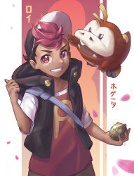 Rule 34 | 1boy, absurdres, baseball cap, black hair, black jacket, creatures (company), dark-skinned male, dark skin, falling petals, fuecoco, game freak, hand up, hat, highres, holding, holding poke ball, jacket, maigandayo, multicolored hair, nintendo, open clothes, open jacket, petals, poke ball, pokemon, pokemon (anime), pokemon horizons, pokemon horizons, red eyes, red hair, red shirt, roy (pokemon), shirt, short sleeves, smile, teeth, thumbs up, two-tone hair, v-shaped eyebrows