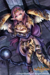 Rule 34 | 1girl, age of ishtaria, bad id, bad pixiv id, barefoot, barefoot sandals (jewelry), breasts, chain, cleavage, company name, copyright name, copyright notice, earrings, feathered wings, full body, hair ornament, jewelry, long hair, official art, pink hair, pointy ears, puuzaki puuna, sitting, solo, teeth, toeless legwear, toes, wings, yellow eyes, zerachie (age of ishtaria)