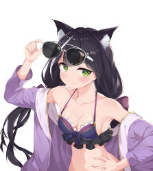 Rule 34 | 1girl, absurdres, animal ear fluff, animal ears, avant garde (artist), bad id, bad pixiv id, bikini, bikini top only, black hair, bow, breasts, cat ears, cat girl, cleavage, closed mouth, collarbone, commentary request, eyewear on head, female focus, green eyes, hair bow, hand on own hip, highres, karyl (princess connect!), karyl (summer) (princess connect!), long hair, looking at viewer, low twintails, medium breasts, multicolored hair, navel, princess connect!, purple bow, simple background, smile, solo, split mouth, streaked hair, sunglasses, swimsuit, twintails, upper body, white background, white hair