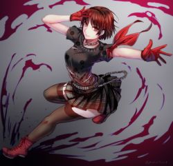 Rule 34 | 10s, 1girl, arched back, arms up, bare arms, belt, braid, brown hair, chain, choker, closed mouth, crown braid, full body, gloves, highres, looking at viewer, niijima makoto, outstretched arm, outstretched leg, persona, persona 5, persona 5: dancing star night, persona dancing, plaid, plaid skirt, red eyes, red footwear, red gloves, shirt, shoes, short hair, short sleeves, skirt, smile, solo, thighhighs, twisted torso, yaoto, zettai ryouiki