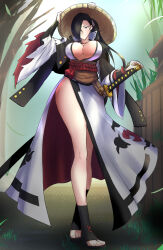 Rule 34 | 1girl, baiken, baiken (cosplay), breasts, brown hair, clash kuro neko, cleavage, cosplay, facing viewer, fire emblem, fire emblem fates, full body, guilty gear, guilty gear xrd, hair over one eye, hat, highres, japanese clothes, kagero (fire emblem), katana, large breasts, long hair, long legs, looking at viewer, nintendo, plunging neckline, ponytail, sandals, sheath, sheathed, solo, straw hat, sword, thighs, weapon, wide sleeves, yellow eyes
