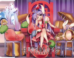 Rule 34 | 2girls, album cover, blonde hair, can, chair, chili pepper, collared shirt, cover, crossed legs, curtains, defense distributed, gong, gun, harukawa moe, hat, head on hand, highres, japanese text, kirisame marisa, leaf, looking at viewer, luggage, mallet, megaphone, monster, multiple girls, necktie, official art, one eye closed, open mouth, pillow, purple hair, rabbit ears, rabbit tail, red eyes, red necktie, reisen udongein inaba, resting head on hand, shirt, shoes, sitting, smile, socks, surprised, sweatdrop, touhou, urban legend in limbo, weapon, white legwear, window, witch hat, yellow eyes