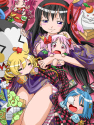 Rule 34 | 10s, 5girls, :&gt;, :3, :d, :o, = =, ^ ^, akemi homura, barefoot, beamed quavers, bento, black hair, blonde hair, blush, blush stickers, bow, breasts, charlotte (madoka magica), chibi, cleavage, closed eyes, commentary request, drill hair, eating, food, fruit, hair bow, hair ornament, hair ribbon, hairclip, hand on another&#039;s head, highres, hohetomaru, holding, japanese clothes, kaname madoka, kimono, kyubey, long hair, lying, mahou shoujo madoka magica, mahou shoujo madoka magica: hangyaku no monogatari, mami mogu mogu, miki sayaka, mini person, minigirl, monster, mouth hold, multiple girls, musical note, nose bubble, off shoulder, on back, open mouth, orange (fruit), pink eyes, pink hair, purple eyes, quaver, red eyes, ribbon, sakura kyoko, sharp teeth, shizuki hitomi, short hair, short twintails, simple background, sleeping, small breasts, smile, spinning top, surprised, teeth, thighs, tomoe mami, treble clef, twin drills, twintails, walpurgisnacht (madoka magica), wide-eyed, witch (madoka magica)