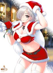 Rule 34 | 1girl, arm up, belt, blurry, blurry background, blush, breasts, capelet, christmas, cleavage, commentary request, cowboy shot, depth of field, fur trim, garter straps, gloves, grey eyes, hair over one eye, hand on headwear, hat, highres, infinote, large breasts, looking at viewer, midriff, miniskirt, navel, original, red skirt, ribbon, sack, santa costume, santa hat, sashou mihiro (infinote), short hair, silver hair, skindentation, skirt, smile, solo, thighhighs, white thighhighs