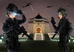 Rule 34 | 1boy, 1girl, ahoge, aircraft, architecture, artist name, blue eyes, body armor, building, bulletproof vest, cowboy shot, dated, east asian architecture, flying, gloves, glowing, glowing eye, glowing eyes, green eyes, gun, handgun, helicopter, highres, holster, jpc, load bearing vest, looking at viewer, mask, mask on head, unworn mask, military, night, night sky, original, pistol, searchlight, simple background, sky, spotlight, stairs, submachine gun, suppressor, taiwan, trigger discipline, weapon