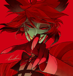 Rule 34 | 1boy, alastor (hazbin hotel), black hair, blood, blood from mouth, blood on hands, commentary request, evil grin, evil smile, formal, grin, hazbin hotel, highres, male focus, mui mmmm, multicolored hair, red background, red eyes, red hair, short hair, smile, solo, suit, upper body