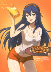 Rule 34 | 1girl, :d, absurdres, alternate costume, beer mug, blue eyes, blue hair, blurry, blurry background, breasts, chicken (food), collarbone, commentary, commission, contrapposto, cup, drinking glass, english commentary, fire emblem, fire emblem awakening, food, gradient background, hairband, hand up, highres, holding, holding cup, holding tray, hooters, large breasts, leaning forward, light particles, long hair, looking at viewer, lucina (fire emblem), mug, nintendo, no legwear, open mouth, orange background, orange hairband, orange shorts, plate, short shorts, shorts, small breasts, smile, solo, symbol-shaped pupils, symbol in eye, tak0baka, tank top, thighs, tray, waitress, white tank top
