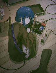 Rule 34 | 1girl, black pants, black shirt, blue hair, bocchi the rock!, bottle, cable, closed mouth, electric guitar, electric plug, electrical outlet, guitar, highres, holding, holding instrument, instrument, looking at viewer, pants, seikatsu, shirt, short hair, solo, water bottle, wooden floor, yamada ryo, yellow eyes