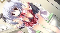Rule 34 | 1girl, black bow, blush, bow, dutch angle, expressionless, gaku ou, game cg, hair bow, juliet sleeves, knife, korie riko, leaning forward, long sleeves, looking at viewer, mayuzumi hinayu, miniskirt, panties, panty pull, plaid, plaid skirt, pointing weapon, puffy sleeves, red bow, red eyes, red skirt, school uniform, skirt, solo, standing, toilet, toilet paper, twintails, underwear, white hair, white panties