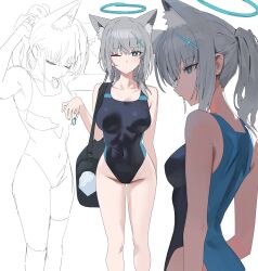 Rule 34 | 1girl, adjusting hair, animal ear fluff, animal ears, bag, blue archive, blue eyes, breasts, closed eyes, competition swimsuit, cross hair ornament, grey hair, hair ornament, hair tie in mouth, halo, highres, hood (james x), medium breasts, mouth hold, multiple views, one-piece swimsuit, one eye closed, ponytail, shiroko (blue archive), shiroko (swimsuit) (blue archive), simple background, swimsuit, white background
