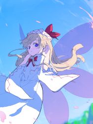Rule 34 | 1girl, blonde hair, blue eyes, blush, capelet, dress, fairy, fairy wings, flower-shaped pupils, hat, highres, lily white, long hair, long sleeves, nama udon, parted lips, solo, symbol-shaped pupils, touhou, white capelet, white dress, white hat, wide sleeves, wings