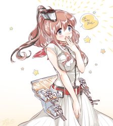 Rule 34 | 10s, 1girl, ascot, belt, belt buckle, blue eyes, blush, breast pocket, breasts, brown hair, buckle, cannon, covering own mouth, dress, english text, engrish text, hair between eyes, kantai collection, large breasts, long hair, open mouth, pocket, ponytail, ranguage, red ascot, rigging, saratoga (kancolle), side ponytail, sidelocks, solo, star (symbol), uekino aroe, white dress