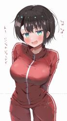 Rule 34 | 1girl, :d, absurdres, alternate costume, arms behind back, blush, breasts, check translation, commentary, embarrassed, full-length zipper, highres, hololive, kuno (kc9s), large breasts, looking at viewer, oozora subaru, open mouth, red track suit, signature, simple background, smile, solo, sweat, swept bangs, track suit, translation request, turtleneck, virtual youtuber, white background, zipper