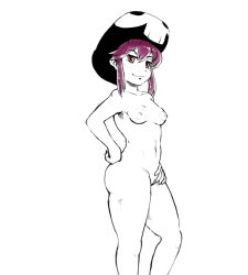 Rule 34 | 10s, 1girl, ass, bad id, bad pixiv id, beanie, breasts, cleft of venus, cowboy shot, from side, hat, jakuzure nonon, kill la kill, large areolae, monochrome, navel, nipples, nude, pink eyes, pink hair, pussy, sidelocks, skull print, small breasts, smile, solo, spot color, standing, the golden smurf, uncensored