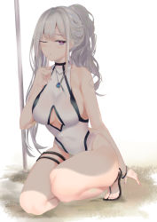 Rule 34 | 1girl, absurdres, ak-12 (girls&#039; frontline), bare legs, blush, bracelet, braid, breasts, closed mouth, commentary request, competition swimsuit, covered navel, finger to mouth, full body, girls&#039; frontline, glowing, glowing eye, highres, jewelry, kneeling, long hair, looking at viewer, medium breasts, nail polish, necklace, one-piece swimsuit, one eye closed, pink nails, ponytail, purple eyes, revision, ru zhai, sandals, shade, shushing, sidelocks, silver hair, solo, swimsuit, thigh strap, thighs, wavy hair, white one-piece swimsuit