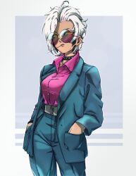 Rule 34 | 1girl, ahoge, asymmetrical hair, blue pants, body markings, business suit, character request, collar, collarbone, earrings, fang, formal, glowing, glowing eyes, gradient background, grey background, hands in pockets, high collar, highres, jewelry, looking at viewer, messy hair, original, pants, pink shirt, polka dot, sarulart, shirt, short hair, solo, spiked collar, spikes, stud earrings, suit, sunglasses, tan, tinted eyewear, white background, white hair, yakuza, yellow eyes