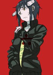 Rule 34 | 1girl, black hair, black jacket, blouse, bouen, brown eyes, closed mouth, cyborg, earpiece, frown, hand in pocket, hand up, headgear, highres, jacket, kinu roku, looking to the side, mechanical arms, red background, roku (kinu roku), shirt, short hair with long locks, sidelocks, simple background, single mechanical arm, solo, tareme, unzipped, upper body, yellow shirt