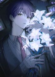 Rule 34 | 1boy, bandaged hand, bandages, black jacket, blazer, bug, butterfly, cardigan, collared shirt, flower, green eyes, grey sweater, haero, hair between eyes, highres, holding, holding flower, insect, jacket, kenmochi touya, lily (flower), long sleeves, looking at viewer, lying, male focus, necktie, nijisanji, on back, open clothes, open jacket, parted lips, plaid necktie, purple hair, red necktie, school uniform, shirt, short hair, sleeves past wrists, solo, sweater, upper body, virtual youtuber, white flower, white lily, white shirt