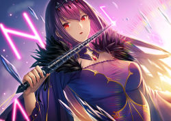 Rule 34 | 1girl, backlighting, blue sky, blush, breasts, detached collar, dress, fate/grand order, fate (series), feather trim, hair between eyes, holding, holding wand, jewelry, large breasts, long hair, long sleeves, looking at viewer, parted lips, pendant, purple dress, purple hair, red eyes, runes, scathach (fate), scathach skadi (fate), sky, solo, tiara, unowen, wand, wide sleeves