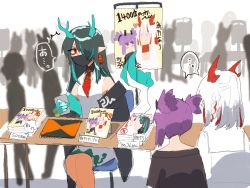 Rule 34 | ..., 3girls, 6+others, arknights, bare shoulders, caught, chair, collared dress, commentary, dragon girl, dragon horns, dragon tail, dress, dusk (arknights), highres, horns, kawaii inu5, lava (arknights), looking at another, manga (object), mask, multicolored hair, multiple girls, multiple others, necktie, nian (arknights), pointy ears, purple hair, red eyes, red hair, red neckwear, siblings, sisters, sitting, spoken ellipsis, sweat, table, tail, translation request, white dress, white hair