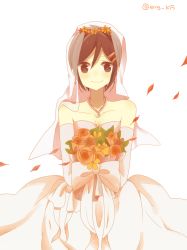 Rule 34 | 1girl, bouquet, bridal veil, bride, dress, elbow gloves, flower, gloves, hair ornament, hairclip, highres, jewelry, kagerou project, kiichigo (k-15), looking at viewer, necklace, petals, solo, tateyama ayano, veil, wedding dress