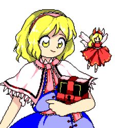 Rule 34 | 1girl, alice margatroid, belt, black eyes, blonde hair, blue dress, book, buttons, capelet, closed mouth, commentary, doll, dress, english commentary, eyes visible through hair, fairy wings, flying, frills, hair between eyes, hairband, hand up, hazama yuutou, hourai doll, juliet sleeves, long hair, long sleeves, looking to the side, lowres, necktie, no mouth, no shoes, parody, pc-98 (style), pink belt, pink hairband, pink necktie, puffy sleeves, red dress, short hair, short sleeves, simple background, smile, socks, solo, standing, style parody, touhou, transparent background, white background, white belt, white capelet, white socks, wings, yellow eyes