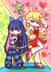Rule 34 | 2girls, black hair, blonde hair, blue bow, blue eyes, bow, bracelet, breasts, butter spoon, candy, chuck (psg), cleavage, colored inner hair, commentary, dress, earrings, food, gothic lolita, hair bow, heart, high heels, highres, honekoneko (psg), hoop earrings, jewelry, juliet sleeves, lolita fashion, long hair, long sleeves, multicolored hair, multiple girls, necklace, official style, panty &amp; stocking with garterbelt, panty (psg), pantyhose, pink hair, puffy sleeves, red dress, siblings, sisters, small breasts, smile, stocking (psg), streaked hair, striped clothes, striped pantyhose, stuffed animal, stuffed cat, stuffed toy, two-tone hair, very long hair