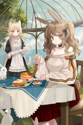 Rule 34 | 2girls, ahoge, animal ears, bare shoulders, black ribbon, blonde hair, blue eyes, bread slice, breasts, brown eyes, brown hair, cat ears, cat tail, chair, choker, cleavage, collarbone, day, egg, egg (food), food, fried egg, fried egg on toast, hair ribbon, heterochromia, highres, indoors, long hair, long sleeves, maid, mid (gameshe), mole, mole under mouth, multiple girls, off-shoulder sweater, off shoulder, original, pancake, parted lips, plate, rabbit, rabbit ears, rabbit tail, ribbon, sitting, sweater, table, tail, toast, twintails