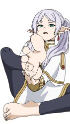 Rule 34 | 1girl, barefoot, feet, frieren, green eyes, grey hair, highres, lol (artist), long hair, looking at viewer, open mouth, pointy ears, soles, sousou no frieren, toes, twintails