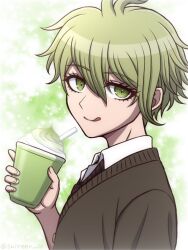 Rule 34 | 1boy, :q, amami rantaro, brown sweater, collared shirt, cup, danganronpa (series), danganronpa v3: killing harmony, food, green background, green eyes, green hair, hair between eyes, holding, holding cup, looking at viewer, looking to the side, male focus, necktie, shirt, short hair, solo, striped necktie, suiren yurei, sweater, tongue, tongue out, upper body, white background, white shirt