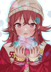 Rule 34 | 1girl, 283hanpen, :o, blush, breath, cold, highres, idolmaster, idolmaster shiny colors, jacket, komiya kaho, letterman jacket, looking at viewer, print scarf, red eyes, red hair, scarf, simple background, solo, star (symbol), upper body