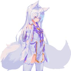 Rule 34 | 1girl, animal ears, arms behind back, bare shoulders, breasts, byakuyoi, closed mouth, detached sleeves, dress, expressionless, facial mark, feet out of frame, female focus, fox ears, fox girl, fox tail, hair ornament, hand on own arm, head tilt, highres, jewelry, large tail, long hair, looking at viewer, multicolored clothes, nontraditional miko, original, pelvic curtain, petite, pixel art, purple eyes, purple ribbon, ribbon, sidelocks, small breasts, solo, standing, tail, thick thighs, thighhighs, thighs, transparent background, white dress, white hair, white thighhighs
