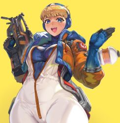 Rule 34 | 1girl, animification, apex legends, blonde hair, blue eyes, blunt bangs, bodysuit, breasts, cropped jacket, hand up, highres, hood, hooded bodysuit, jacket, large breasts, lichtenberg figure, long sleeves, looking at viewer, ookuma nekosuke, open clothes, open jacket, open mouth, short hair, simple background, smile, solo, standing, thigh strap, tongue, wattson (apex legends), yellow background, zipper