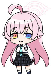 Rule 34 | 1girl, ahoge, bell (oppore coppore), black footwear, black skirt, blue archive, blue eyes, blue necktie, blush, chibi, closed mouth, collared shirt, full body, halo, heterochromia, hoshino (blue archive), long hair, long sleeves, looking at viewer, necktie, pink hair, pink halo, plaid, plaid skirt, pleated skirt, shirt, shoes, skirt, socks, solo, white shirt, white socks, yellow eyes