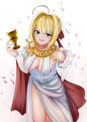 Rule 34 | 1girl, absurdres, ahoge, alcohol, blonde hair, blush, braid, breasts, cape, chalice, collarbone, crown braid, crystal, cup, detached sleeves, dress, drink, fate/grand order, fate (series), female focus, gem, gold, green eyes, hair intakes, hair ribbon, hand on own hip, hand up, hanging breasts, happy, highres, holding, huge filesize, leaning forward, light blush, looking at viewer, medium breasts, nero claudius (fate), nero claudius (fate) (all), nero claudius (fate/extra), nero claudius (formal dress) (fate), official alternate costume, open mouth, petals, red cape, red gemstone, red ribbon, ribbon, short hair, sidelocks, simple background, sleeveless, sleeveless dress, smile, solo, somi, standing, teeth, thighs, white background, white dress, white sleeves, wine