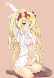 Rule 34 | 1girl, ahoge, arms up, blonde hair, blue eyes, blush, bow, bow panties, bra, breasts, brown background, brown thighhighs, cleavage, closed mouth, collared shirt, copyright request, hair between eyes, hair bow, hair ornament, head tilt, highres, long hair, long sleeves, navel, no shoes, open clothes, open shirt, panties, print bra, print panties, red bow, seiza, shiraki shiori, shirt, sidelocks, simple background, sitting, small breasts, smile, solo, star (symbol), stomach, stretching, thighhighs, thighs, two side up, underwear, very long hair, white bra, white panties, white shirt, x hair ornament
