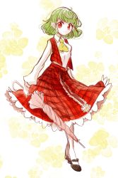 Rule 34 | 1girl, black footwear, breasts, closed mouth, floral background, flower, green hair, highres, kazami yuuka, long sleeves, medium breasts, no headwear, red eyes, red skirt, red vest, shirt, shoes, short hair, skirt, smile, solo, standing, tama (hiroshige 36), touhou, umbrella, vest, white background, white flower, white shirt, white sleeves, yellow flower, yellow neckwear