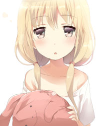 Rule 34 | 10s, 1girl, :o, bare shoulders, blonde hair, blush, brown eyes, collarbone, eyebrows, futaba anzu, grey eyes, holding, holding stuffed toy, idolmaster, idolmaster cinderella girls, looking at viewer, low twintails, off shoulder, parted lips, simple background, solo, stuffed animal, stuffed rabbit, stuffed toy, tlla, twintails, white background