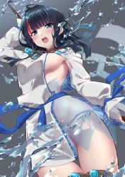 Rule 34 | 1girl, black hair, blue eyes, breasts, fate/grand order, fate/requiem, fate (series), fundoshi, highres, japanese clothes, kagari liroi, magatama, multicolored hair, polearm, sideboob, sideless outfit, solo, spear, streaked hair, utsumi erice, water, weapon