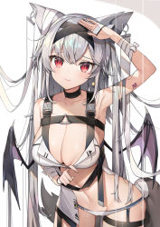Rule 34 | 1girl, animal ears, arm up, armpits, bandages, bandaged arm, bandages, bikini, black choker, breasts, choker, cleavage, closed mouth, collarbone, cowboy shot, demon wings, fox ears, fox girl, fox tail, hair ribbon, highres, large breasts, long hair, looking at viewer, multiple straps, navel, original, red eyes, ribbon, salute, silver hair, smile, solo, standing, stomach, swimsuit, tail, very long hair, white background, white bikini, wings, yayoichi (yoruyoru108)