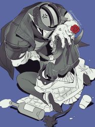 Rule 34 | 1boy, 1girl, anger vein, arknights, blue background, bottle, coat, cow girl, cow horns, cow tail, cup, demon horns, detached hood, flower, flower on head, greyscale, hand on another&#039;s head, highres, hood, horns, kneeling, mask, monochrome, pallas (arknights), red flower, sarkaz bodyguard (arknights), tail, twitter username, yonezoudazo