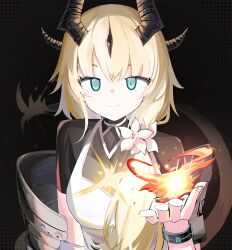 Rule 34 | 1girl, arknights, black shirt, blonde hair, blue eyes, breasts, closed mouth, dragon girl, dragon horns, dragon tail, dress, eyebrows hidden by hair, fire, flame-tipped tail, flower, hair between eyes, hair flower, hair ornament, hand up, highres, horns, long hair, looking at viewer, medium breasts, pyrokinesis, reed (arknights), shirt, short sleeves, smile, solo, spam (spamham4506), tail, upper body, white dress, white flower