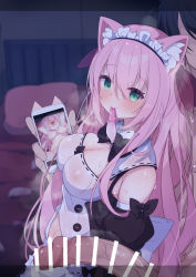 Rule 34 | 1boy, 1girl, animal ears, bed, bed sheet, bedroom, black bow, black bowtie, blush, borrowed character, bow, bowtie, breasts, buttons, cat ears, cat girl, censored, cleavage, condom, condom in mouth, covered erect nipples, detached sleeves, eyes visible through hair, green eyes, highres, large breasts, long hair, maid, maid headdress, morino831, mouth hold, multiple condoms, navel, nipples, original, penis, phone, pillow, pink hair, see-through, sweat, used condom