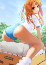 Rule 34 | 1girl, artist request, ass, bent over, blue panties, blush, breasts, buruma, from behind, girl on top, leg warmers, long hair, looking back, outdoors, panties, shirt, small breasts, solo, straddling, t-shirt, thighs, underwear